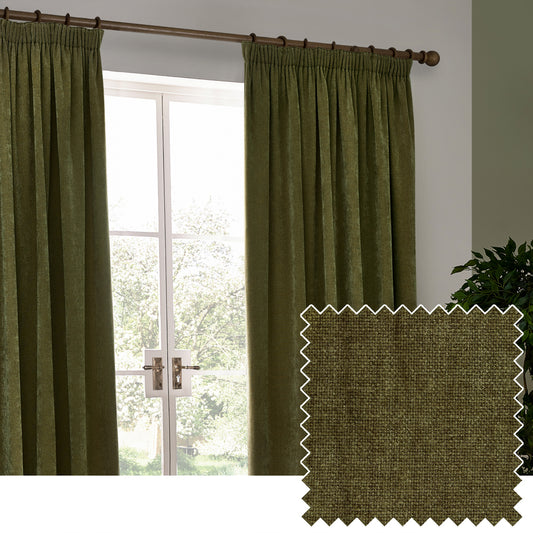 Plain Green Curtains - Heavy Chenille Velvet Room Darkening Pencil Pleat Curtains Olive Yard