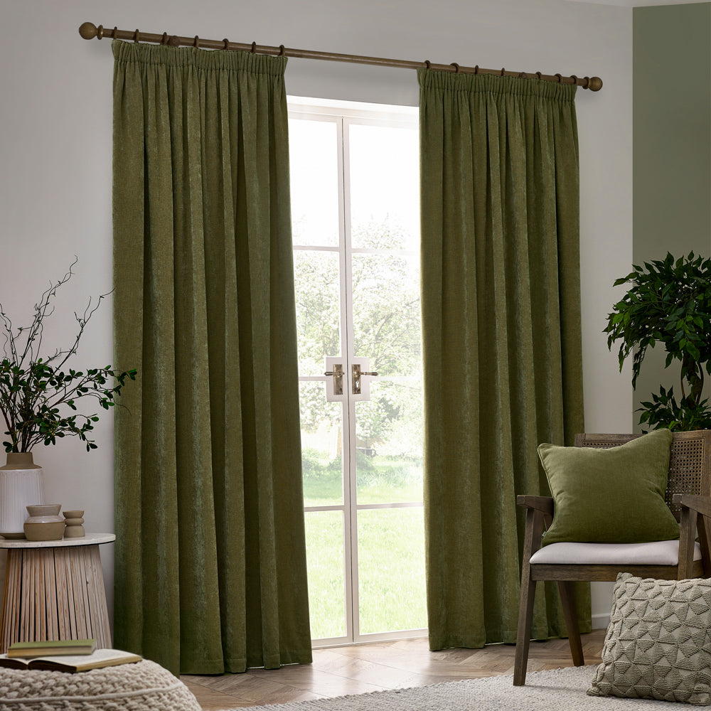 Plain Green Curtains - Heavy Chenille Velvet Room Darkening Pencil Pleat Curtains Olive Yard