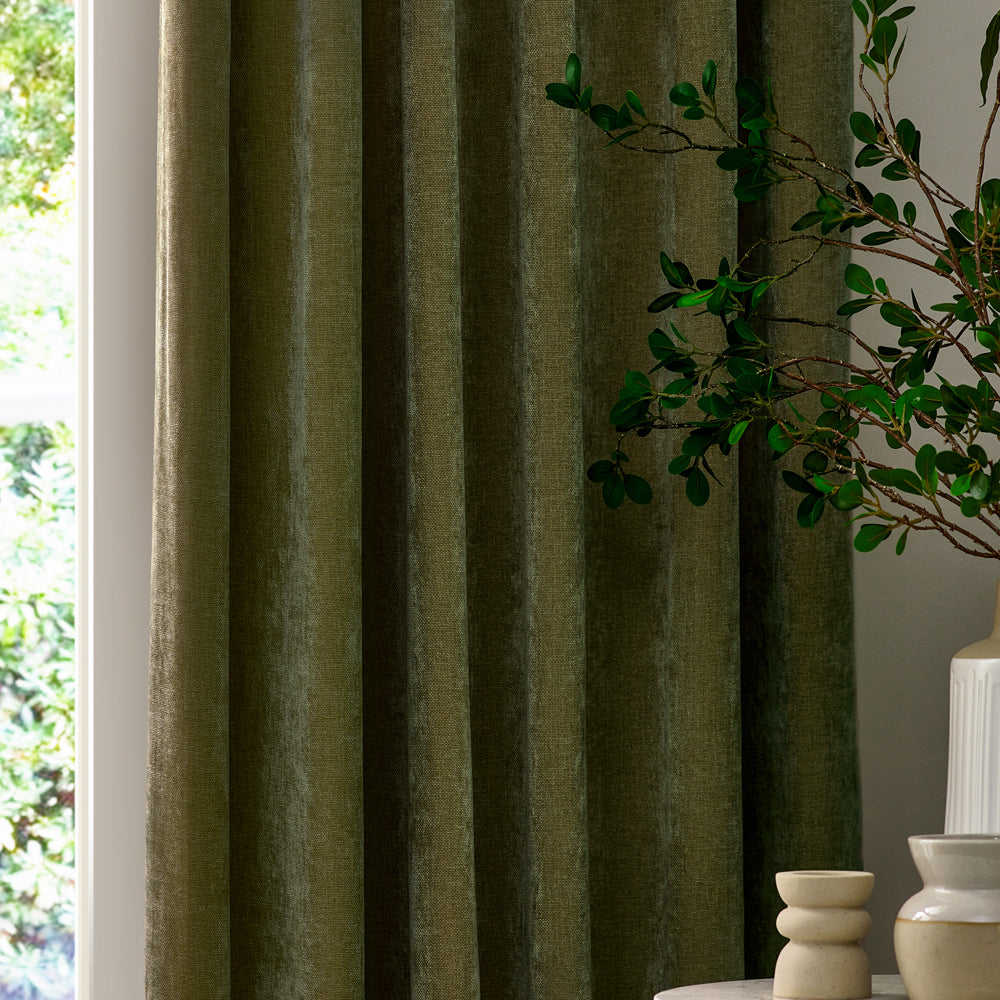 Plain Green Curtains - Heavy Chenille Velvet Room Darkening Pencil Pleat Curtains Olive Yard
