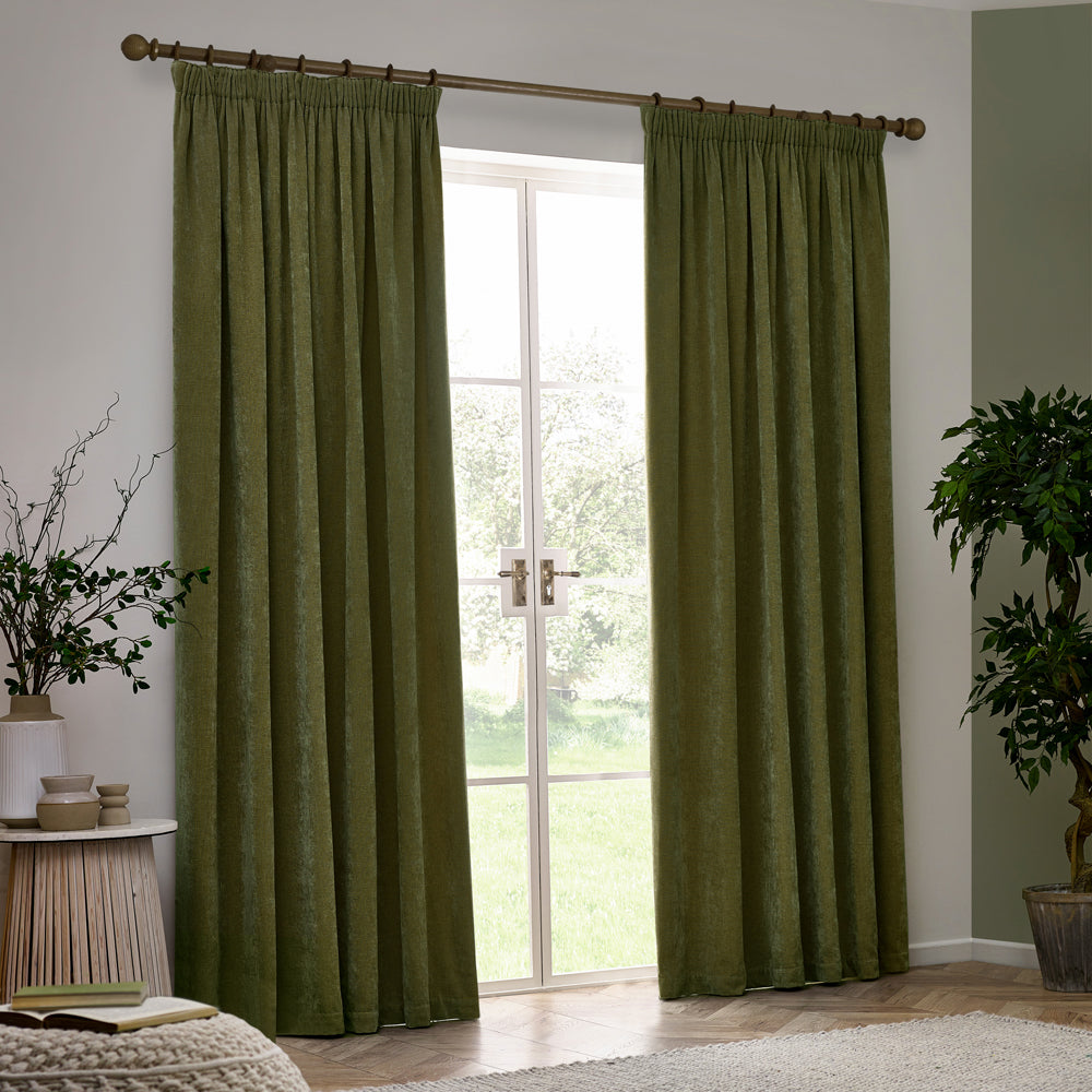 Plain Green Curtains - Heavy Chenille Velvet Room Darkening Pencil Pleat Curtains Olive Yard
