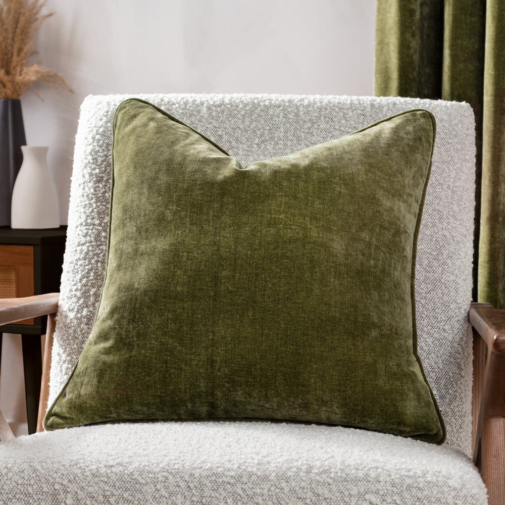 Heavy Chenille Green Piped Polyester Filled Cushion Olive