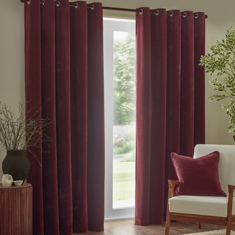 Plain Red Curtains - Heavy Chenille Velvet Room Darkening Eyelet Curtains Beetroot Yard
