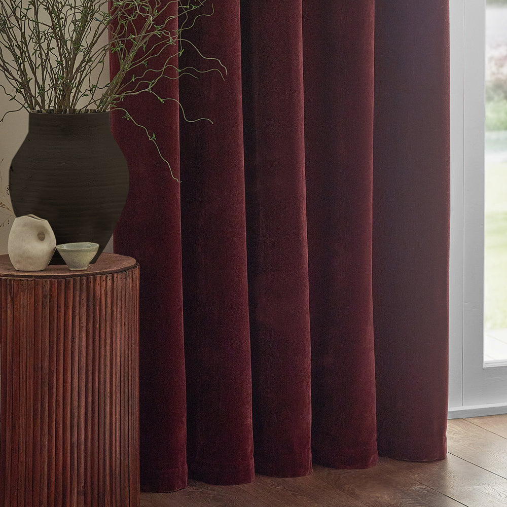 Plain Red Curtains - Heavy Chenille Velvet Room Darkening Eyelet Curtains Beetroot Yard