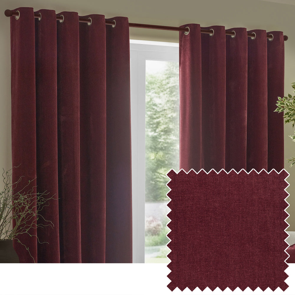 Plain Red Curtains - Heavy Chenille Velvet Room Darkening Eyelet Curtains Beetroot Yard