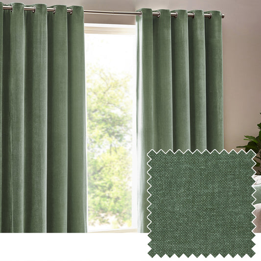 Plain Green Curtains - Heavy Chenille Velvet Room Darkening Eyelet Curtains Eucalyptus Yard