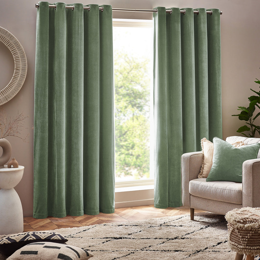 Plain Green Curtains - Heavy Chenille Velvet Room Darkening Eyelet Curtains Eucalyptus Yard