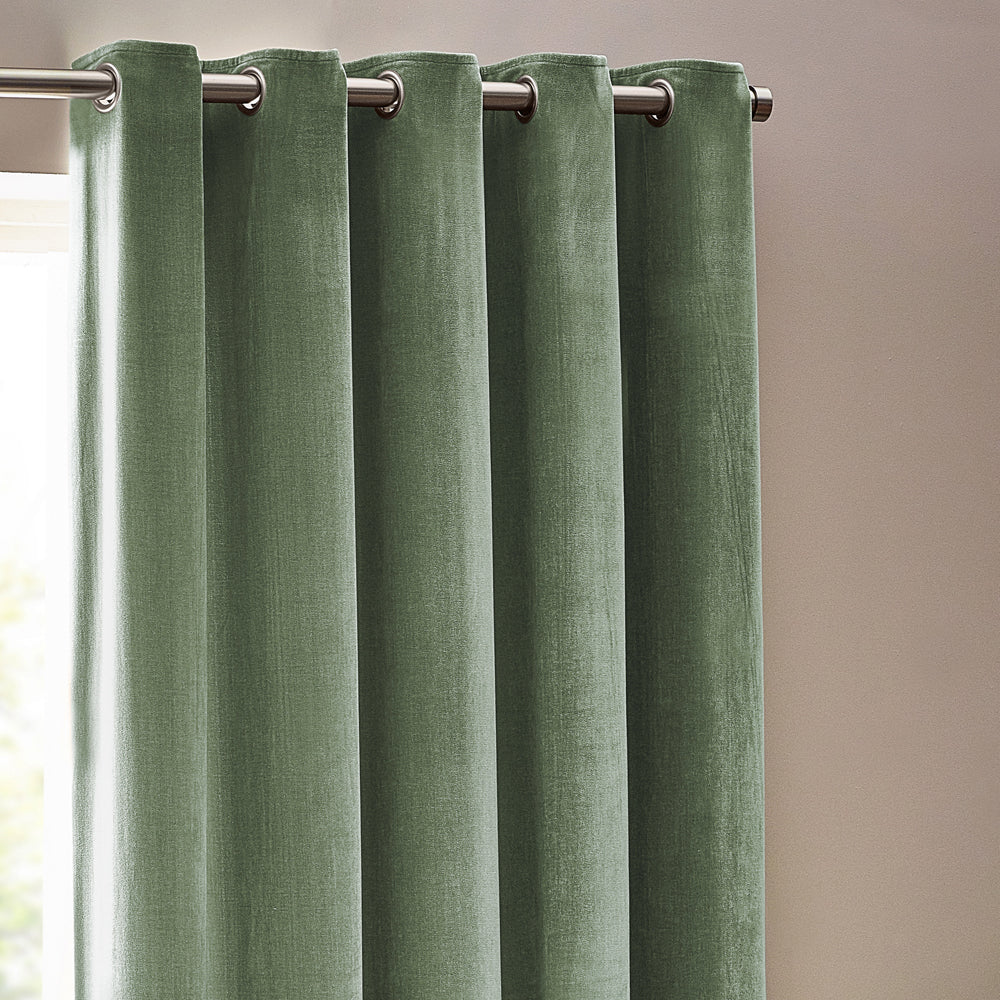 Plain Green Curtains - Heavy Chenille Velvet Room Darkening Eyelet Curtains Eucalyptus Yard