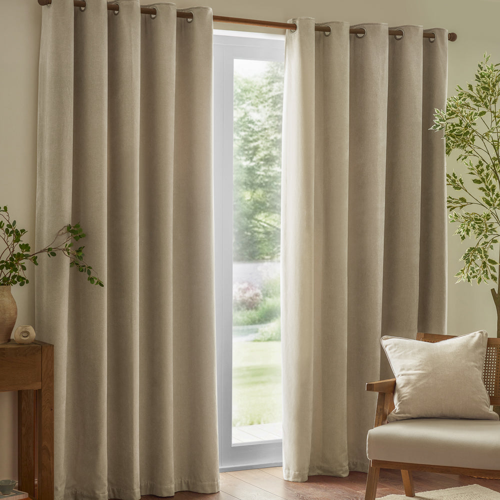 Plain Beige Curtains - Heavy Chenille Velvet Room Darkening Eyelet Curtains Linen Yard