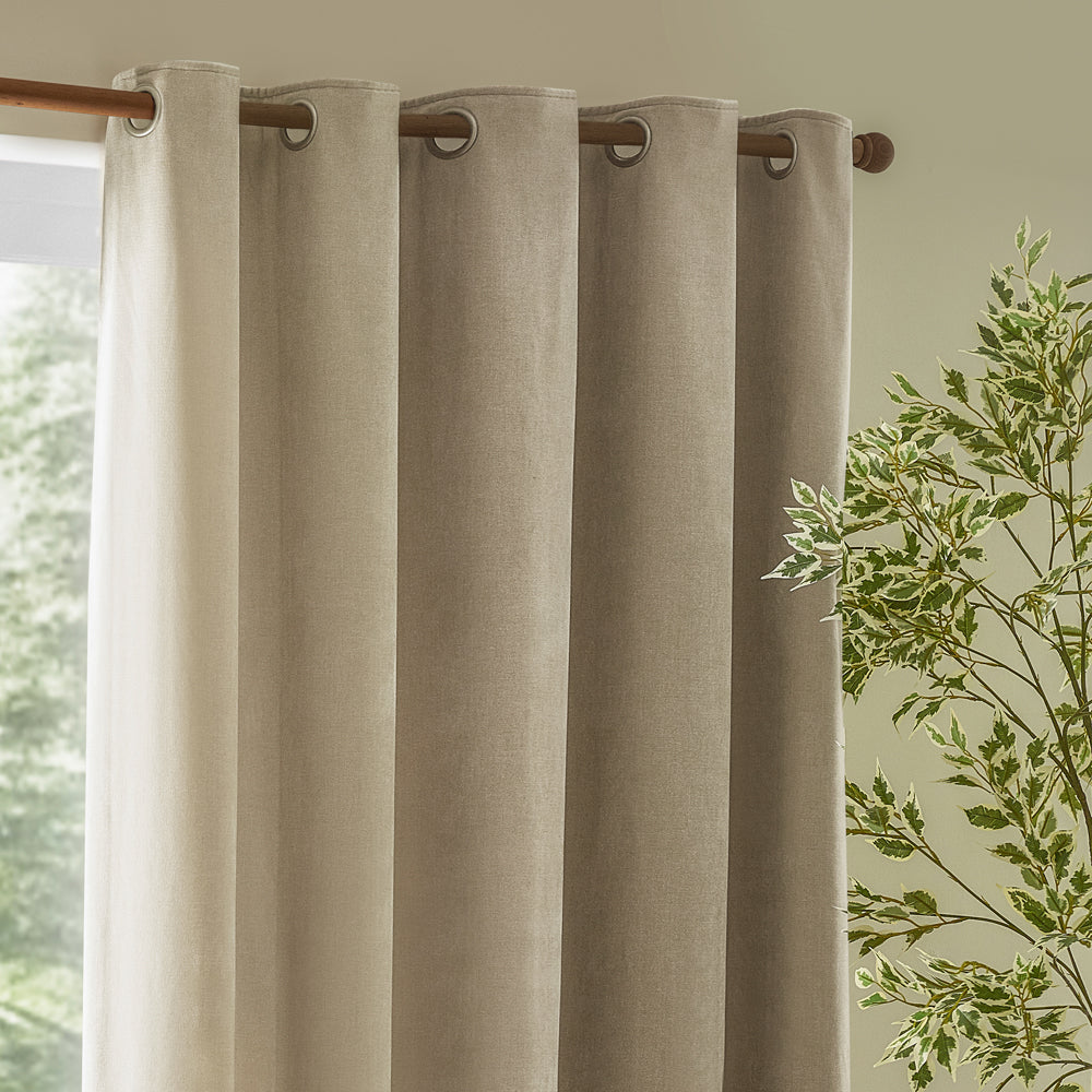 Plain Beige Curtains - Heavy Chenille Velvet Room Darkening Eyelet Curtains Linen Yard