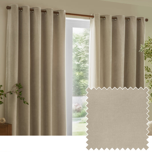 Plain Beige Curtains - Heavy Chenille Velvet Room Darkening Eyelet Curtains Linen Yard