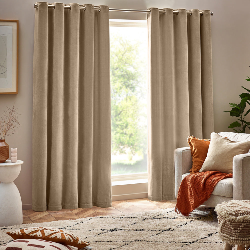 Plain Beige Curtains - Heavy Chenille Room Darkening Eyelet Curtains Natural Yard