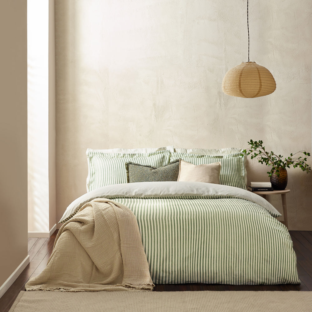 Striped Green Bedding - Hebden Mélange Stripe 100% Cotton Duvet Cover Set Forest Yard