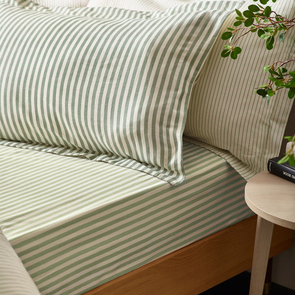 Striped Green Bedding - Hebden Mélange Stripe 100% Cotton Duvet Cover Set Forest Yard