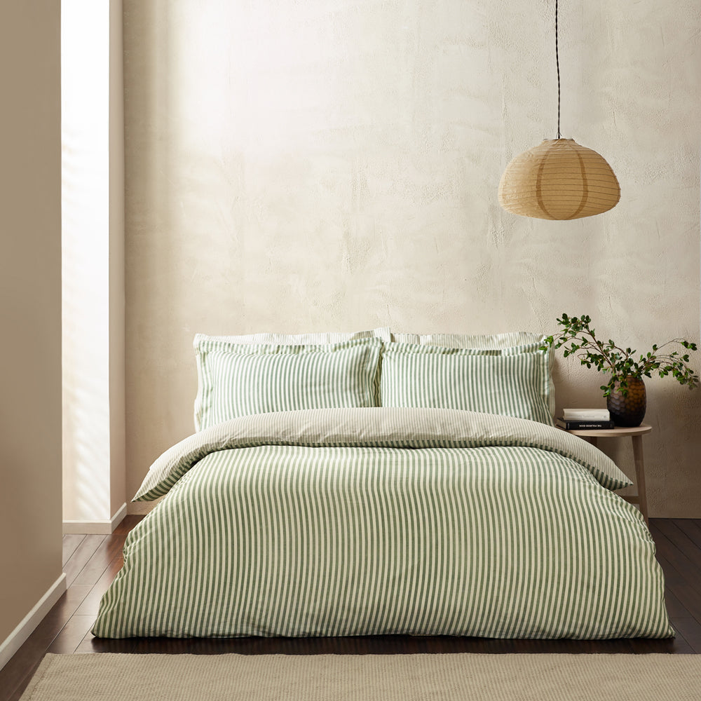 Striped Green Bedding - Hebden Mélange Stripe 100% Cotton Duvet Cover Set Forest Yard