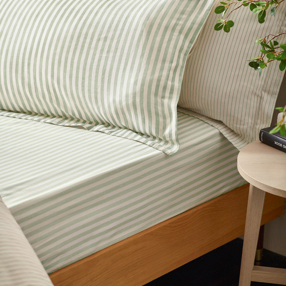 Striped Green Bedding - Hebden Mélange Stripe 100% Cotton Pillowcase Pair Eucalyptus Yard
