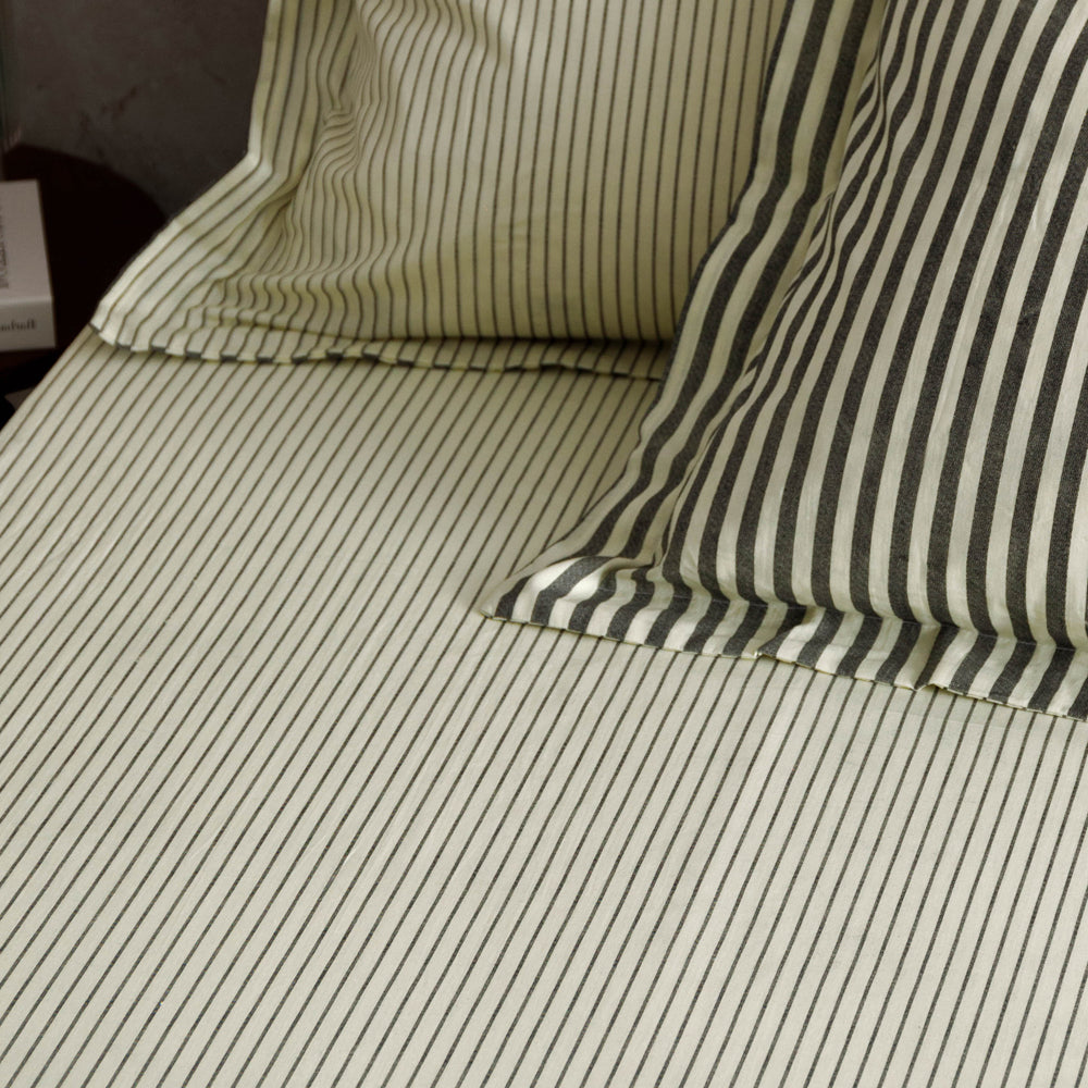 Striped Black Bedding - Hebden 100% Cotton Narrow Stripe Fitted Bed sheet Black Yard