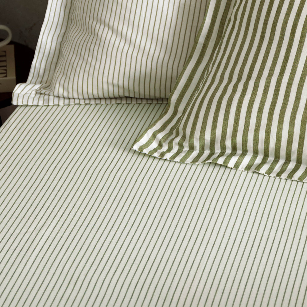 Striped Green Bedding - Hebden 100% Cotton Narrow Stripe Fitted Bed Sheet Olive Yard