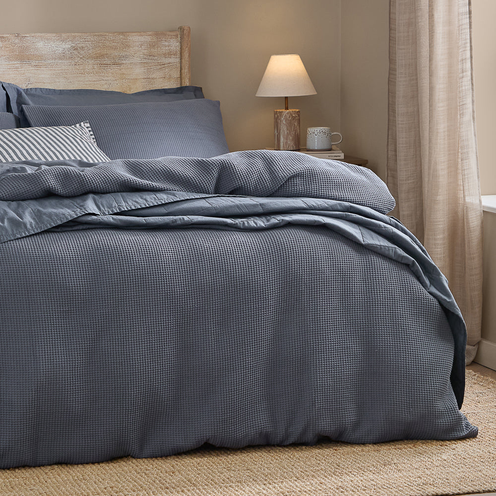 Plain Blue Bedding - Hebden Relaxed Waffle Duvet Cover Set Denim Blue Yard