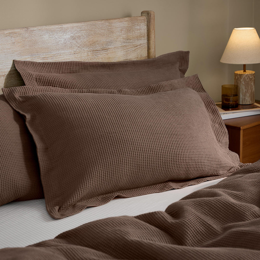 Plain Brown Bedding - Hebden Relaxed Waffle Pillowcase Pair Cocoa Brown Yard