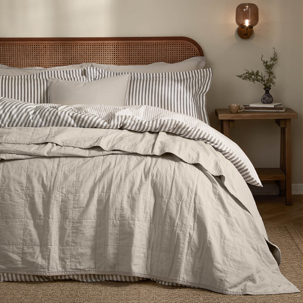 Plain Grey Bedding - Hebden Quilted Washed Cotton Bedspread Stone Yard