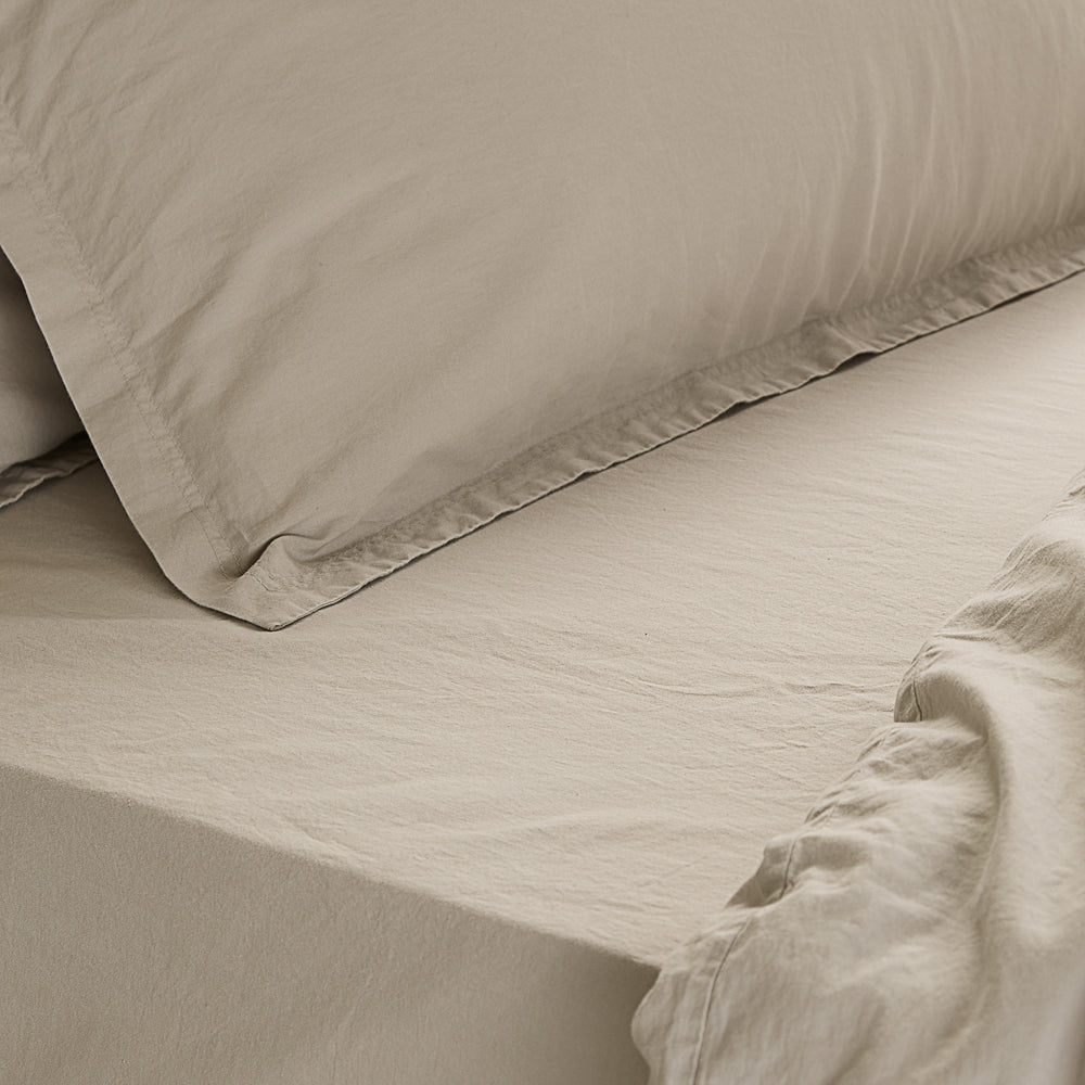 Plain Beige Bedding - Hebden Washed Cotton Fitted Bed Sheet Stone Yard