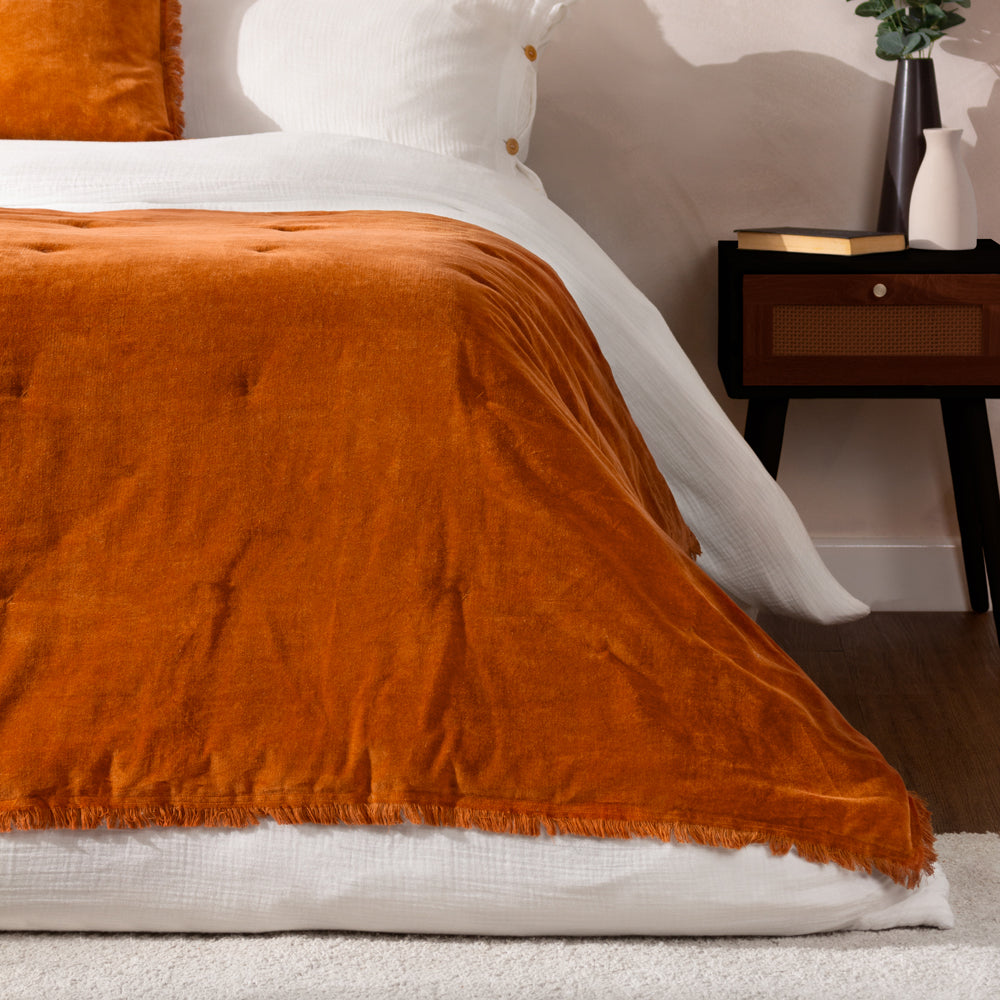 Plain Orange Bedding - Jaye Cotton Velvet Filled Bedspread Rust Yard