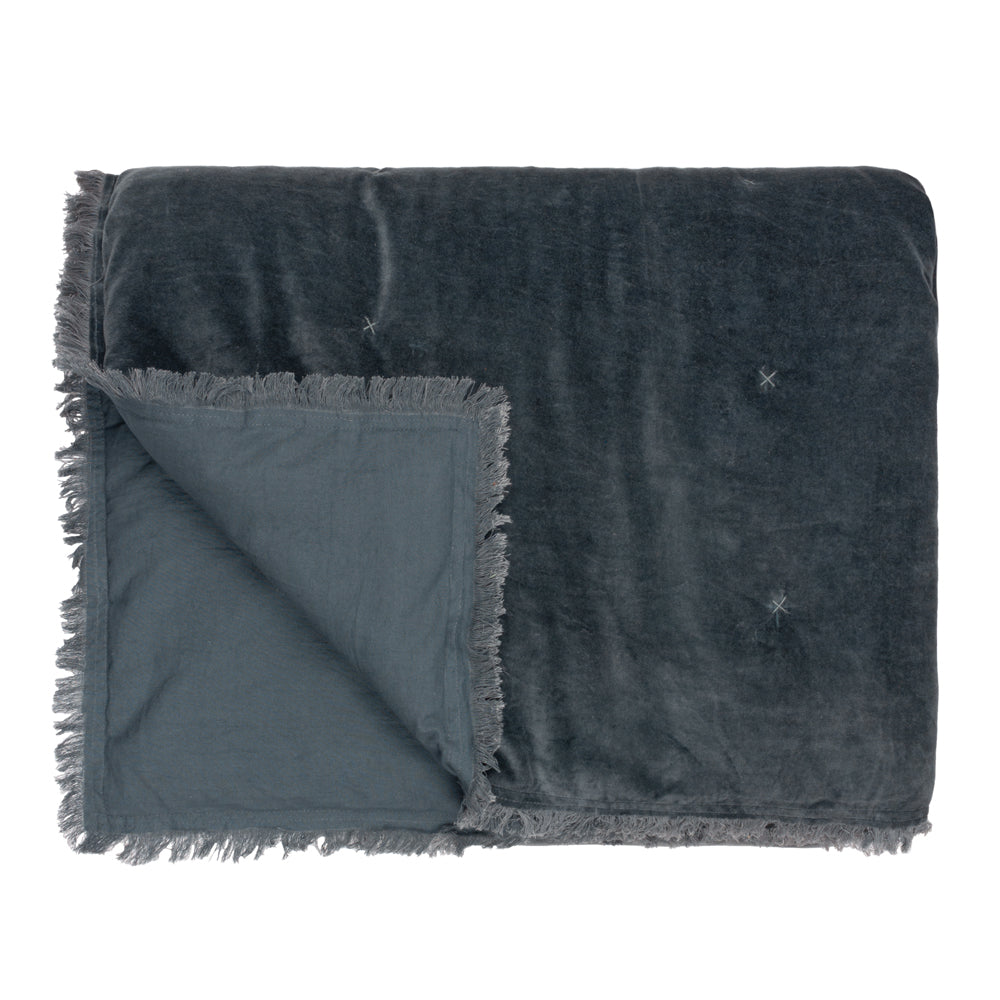 Plain Blue Bedding - Jaye Cotton Velvet Filled Bedspread Slate Yard