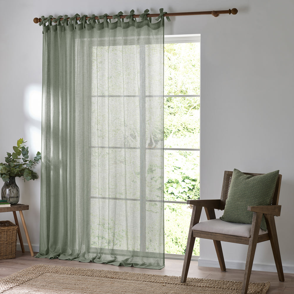 Plain Green Curtains - Nimbus Sheer Tie Top Curtain Panel Eucalyptus Yard