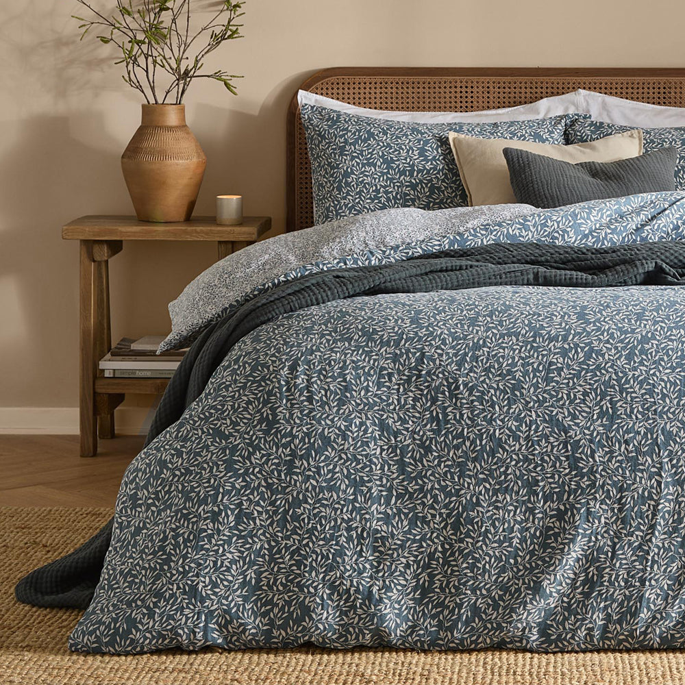Floral Blue Bedding - Perrie Leaf Muslin 100% Cotton Duvet Cover Set Denim Yard