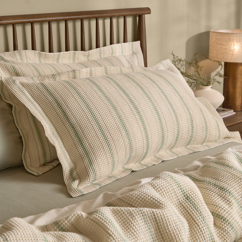 Striped Green Bedding - Selby Waffle 100% Cotton Pillowcase Pair Bay Green/Natural Yard