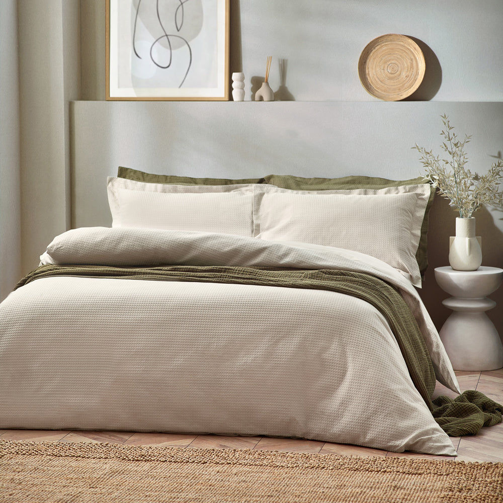 Plain Beige Bedding - Waffle Textured 100% Cotton Duvet Cover Set Linen Yard