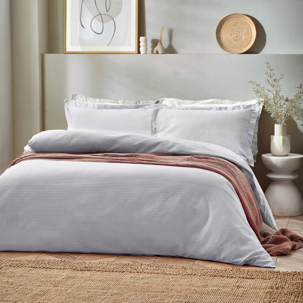 Plain Grey Bedding - Waffle Textured 100% Cotton Duvet Cover Set Silver Yard