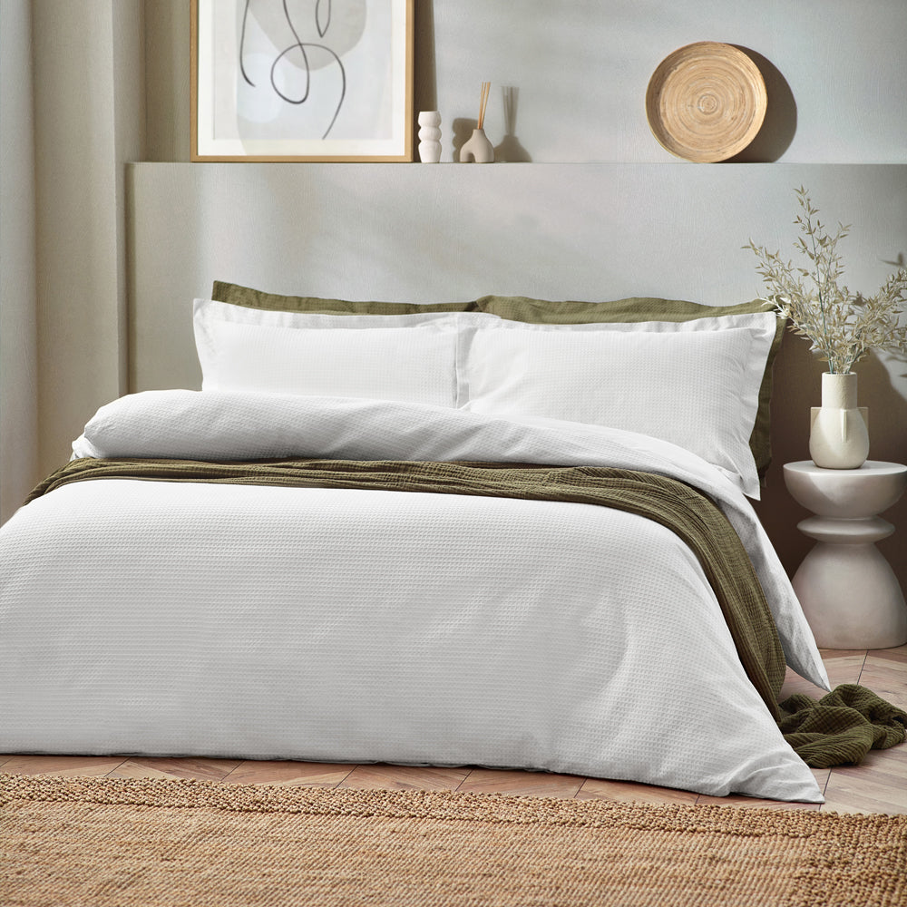 Plain White Bedding - Waffle Textured 100% Cotton Duvet Cover Set White Yard