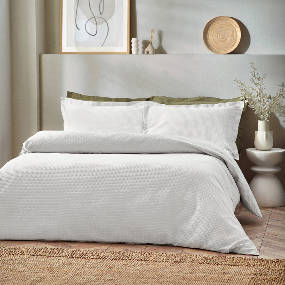 Plain White Bedding - Waffle Textured 100% Cotton Duvet Cover Set White Yard