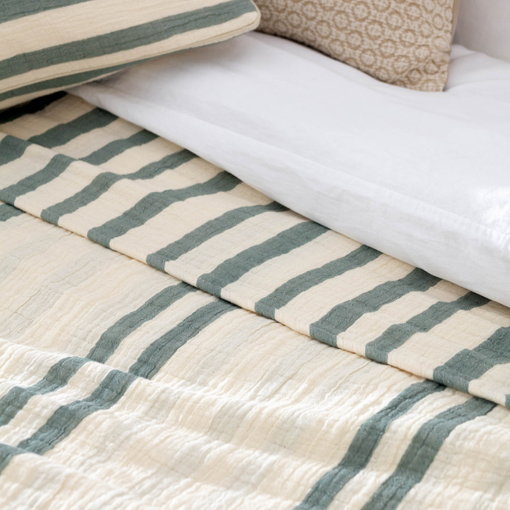 Striped Green Bedding - Woven Stripe 100% Cotton Bedspread Eucalyptus Yard