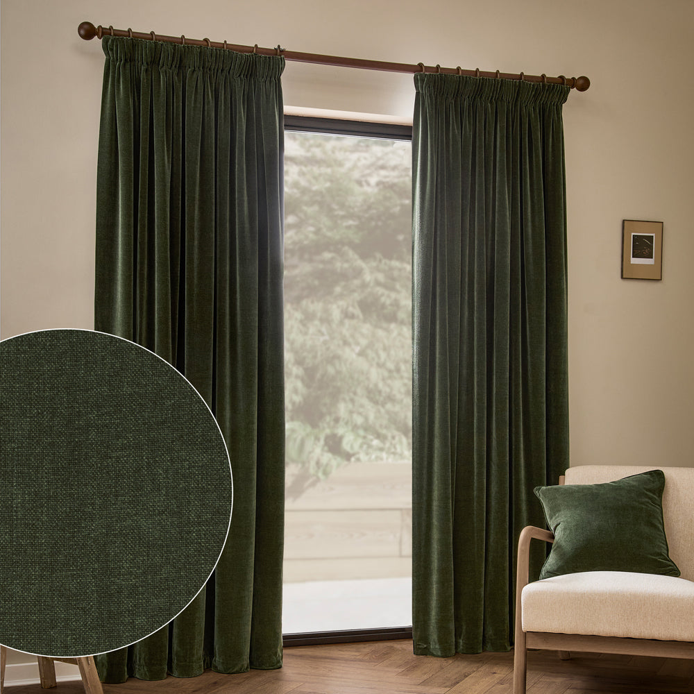 Plain Green Curtains - Heavy Chenille Fully Lined Pencil Pleat Curtains Lichen Yard