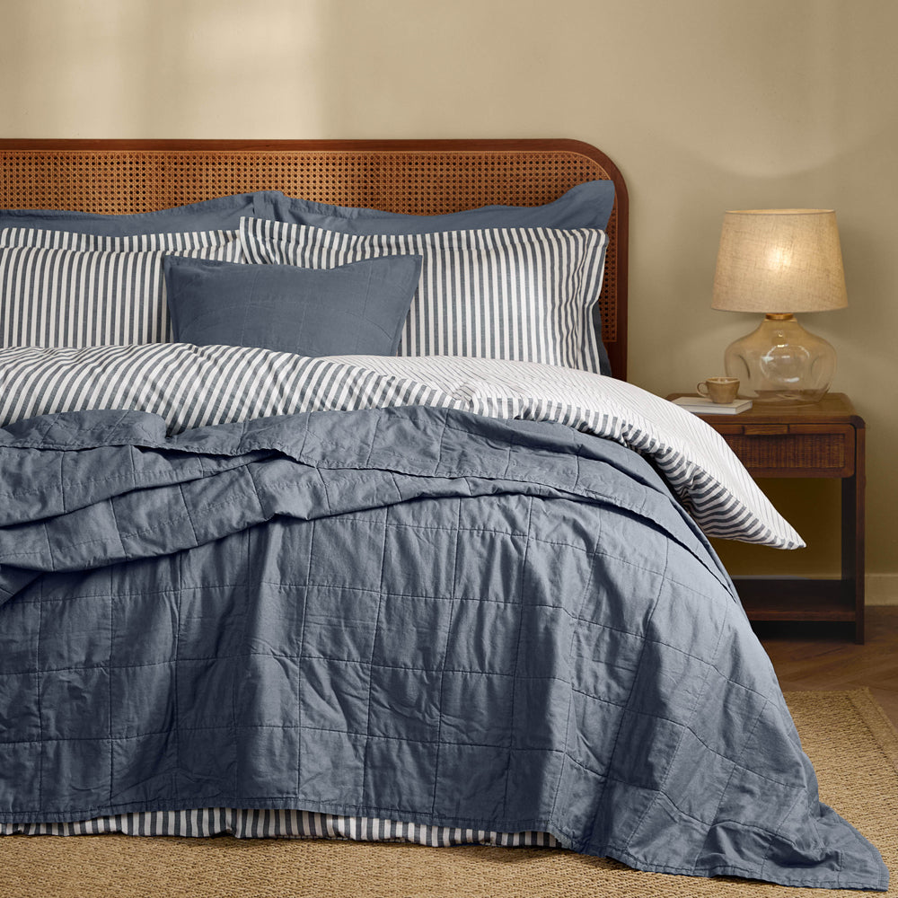 Plain Blue Bedding - Hebden Quilted Washed Cotton Bedspread Denim Blue Yard