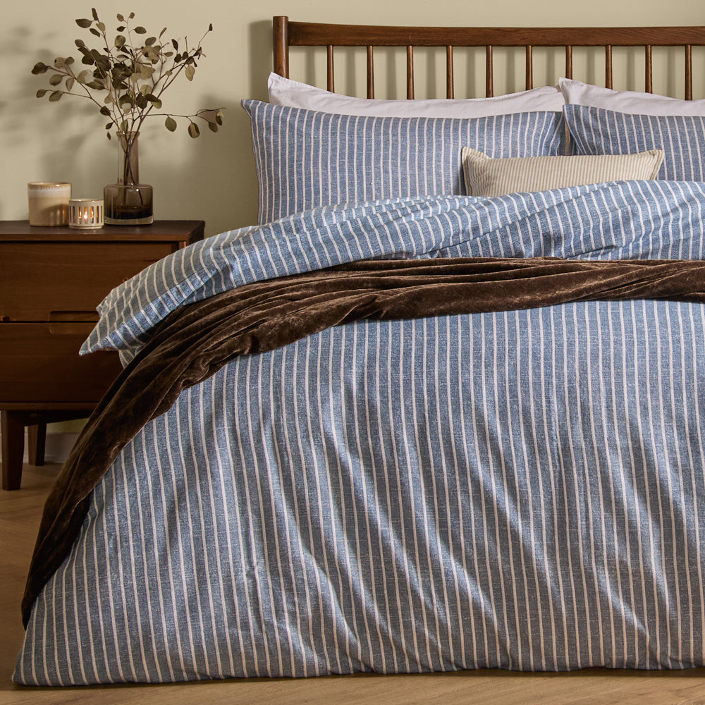 Striped Blue Bedding - Holme Stripe Brushed Cotton Duvet Cover Set Denim Blue Yard