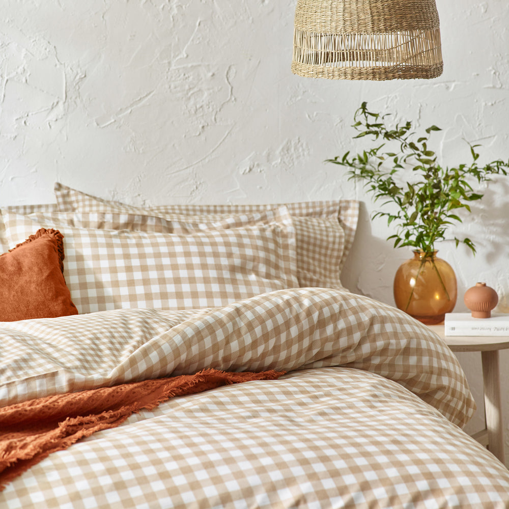 Barton Beige Gingham Check Duvet Cover Set | Biscuit Bedding | Yard