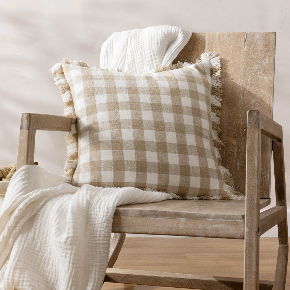 Barton Check Fringed Cushion Natural