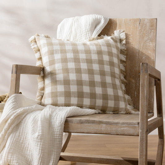 Barton Check Fringed Cushion Natural
