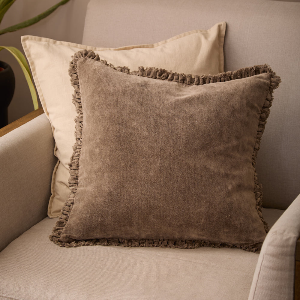Plain Brown Cushions - Bertie Washed Cotton Velvet Polyester Filled Cushion Chocolate Yard