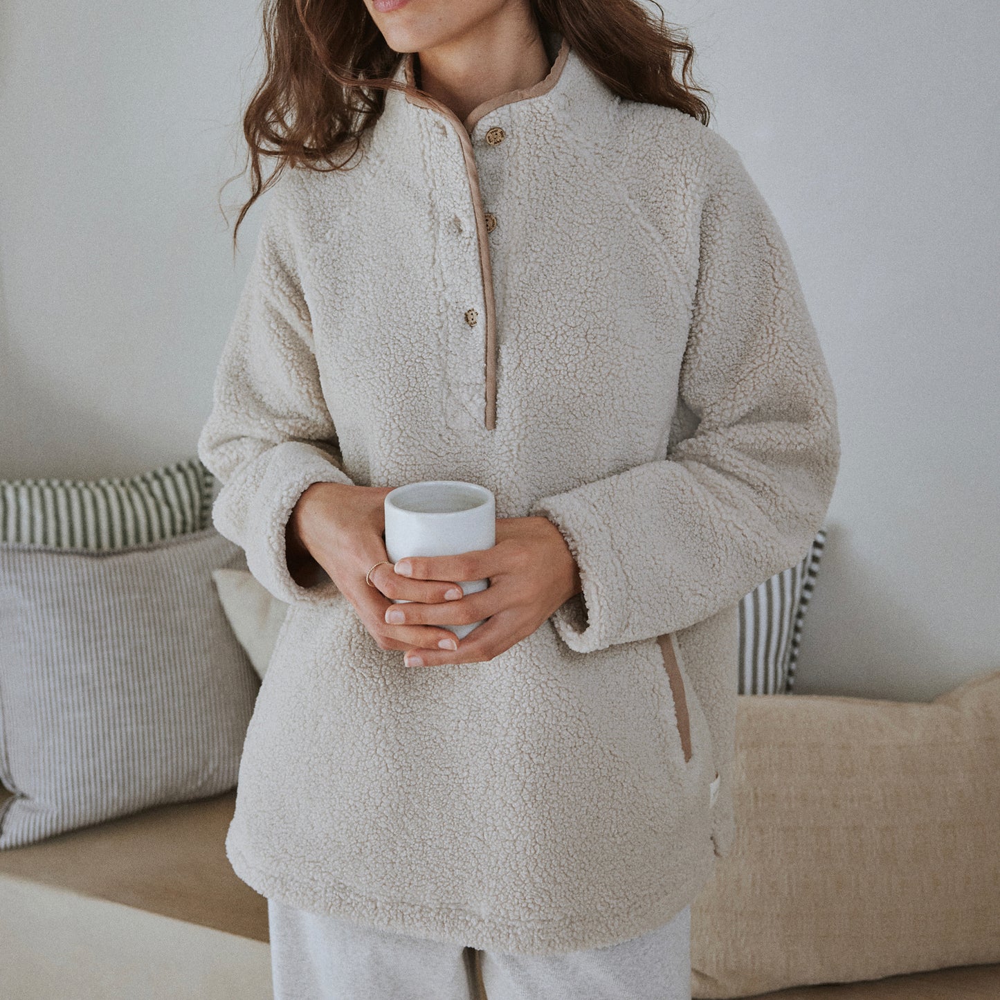 Plain Beige Ladies Loungewear  - Borg Fleece Fleece Oatmeal Yard