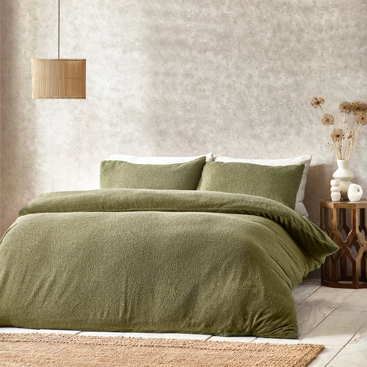 Plain Green Bedding - Boucle  Duvet Cover Set Olive Yard