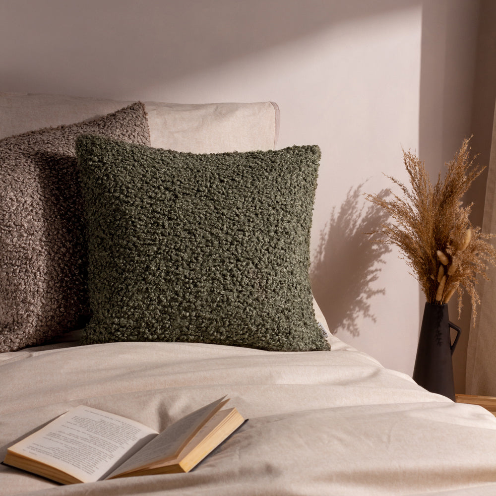 Plain Green Cushions - Cabu Textured Boucle  Cushion Cover Khaki Yard