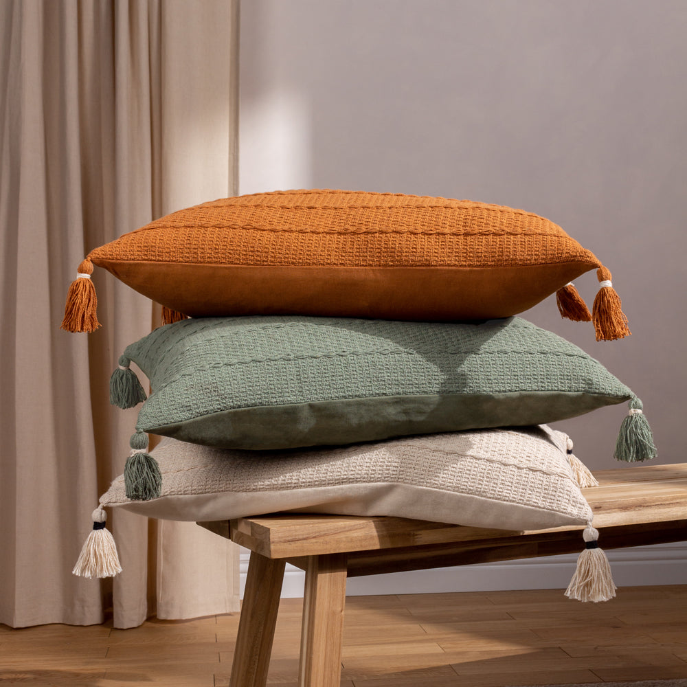 Striped Brown Cushions - Caliche Textured Tasselled Cushion Cover Ginger Yard