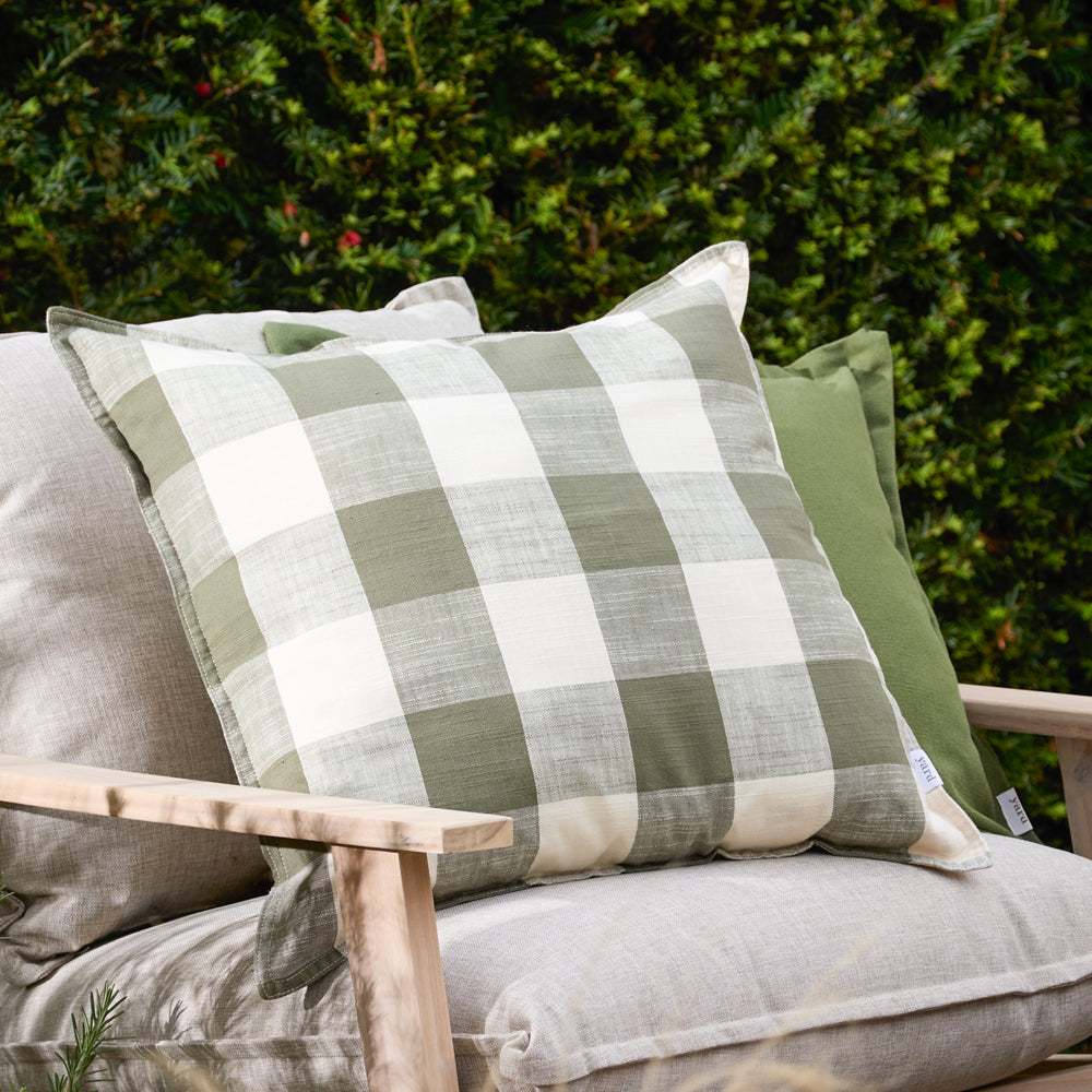 Check Green Cushions - Chesil Check 100% Cotton Outdoor Polyester Filled Cushion Moss Yard
