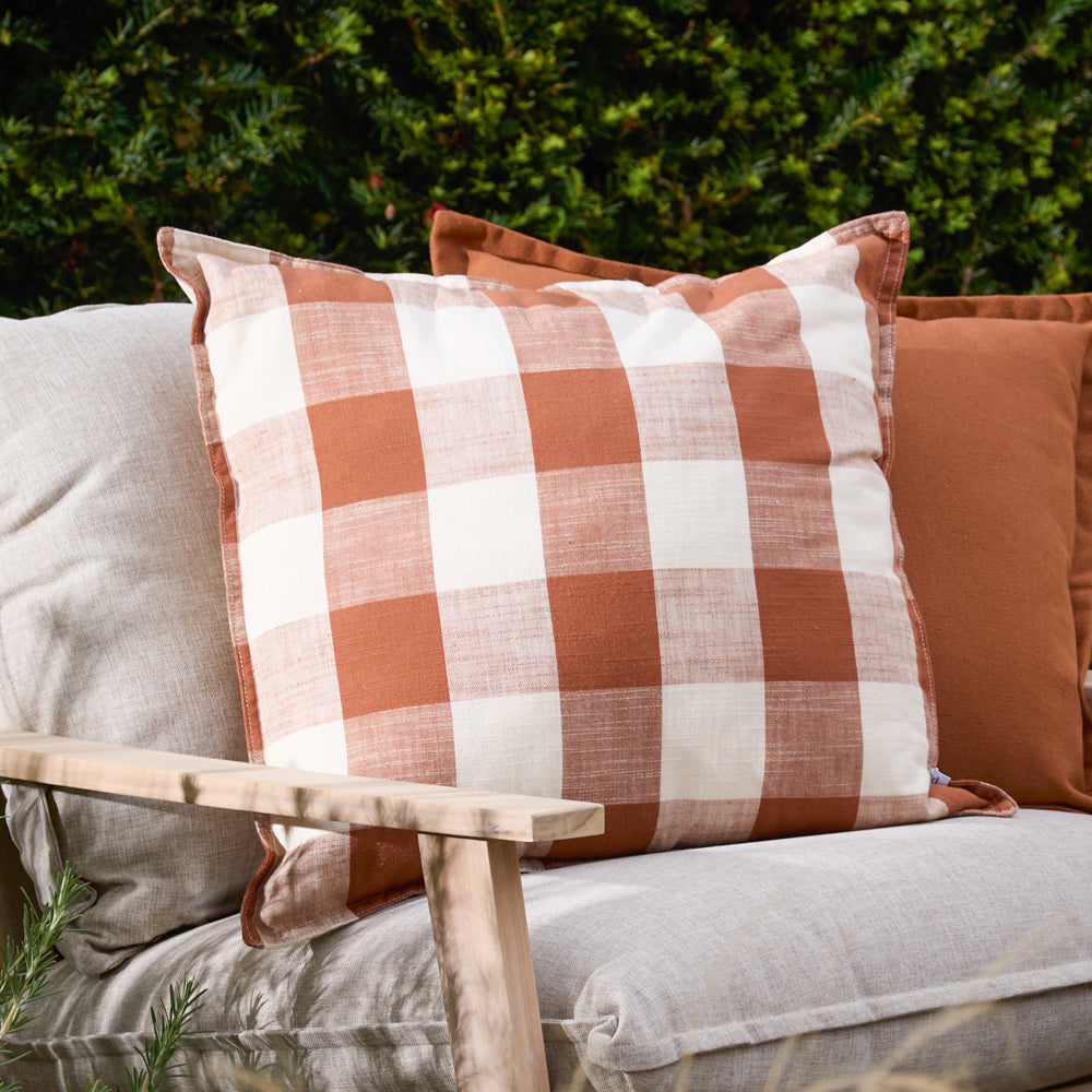 Check Brown Cushions - Chesil Check 100% Cotton Outdoor Polyester Filled Cushion Pecan Yard