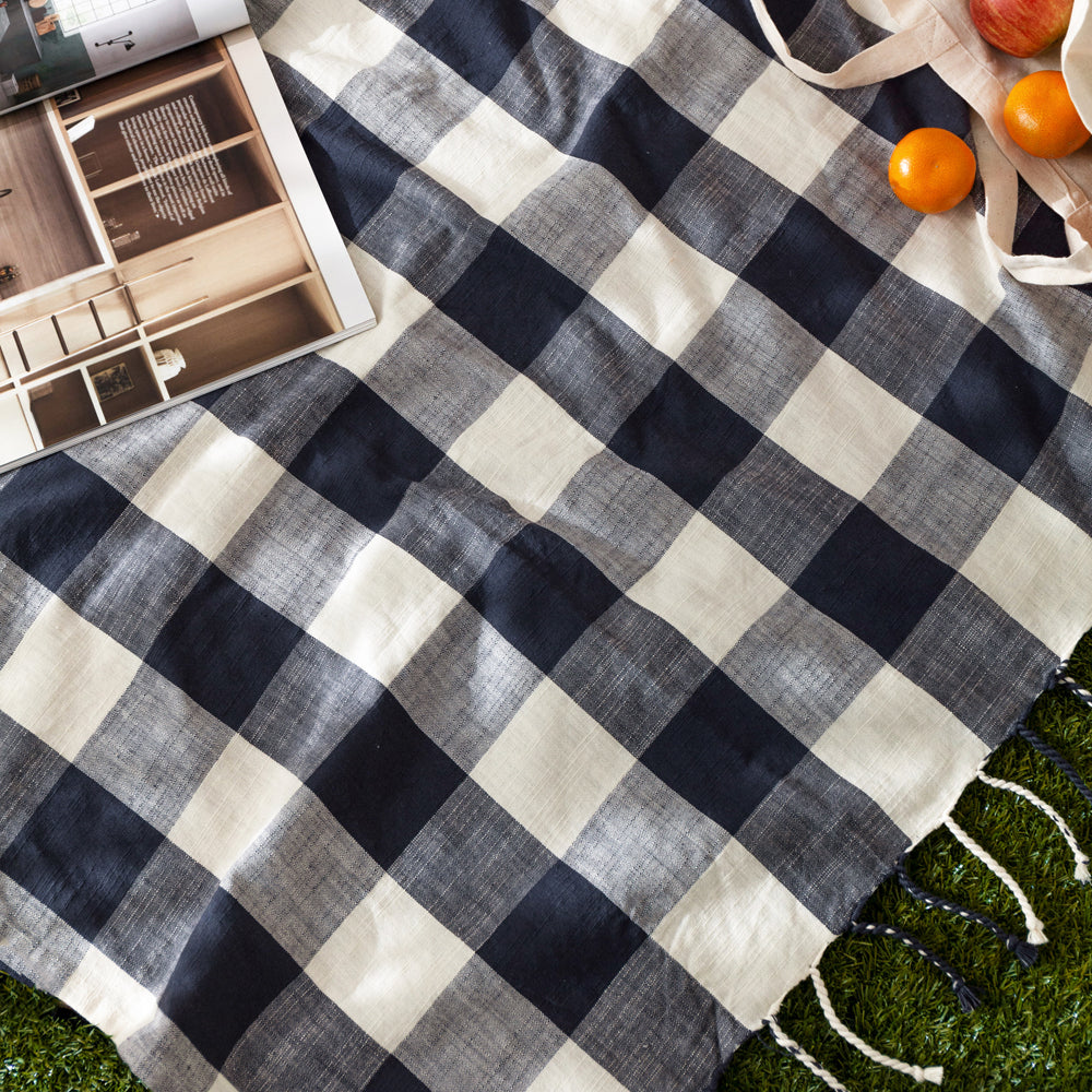 Check Cream Throws - Chesil Check Tasselled 100% Cotton  Throw Navy Yard