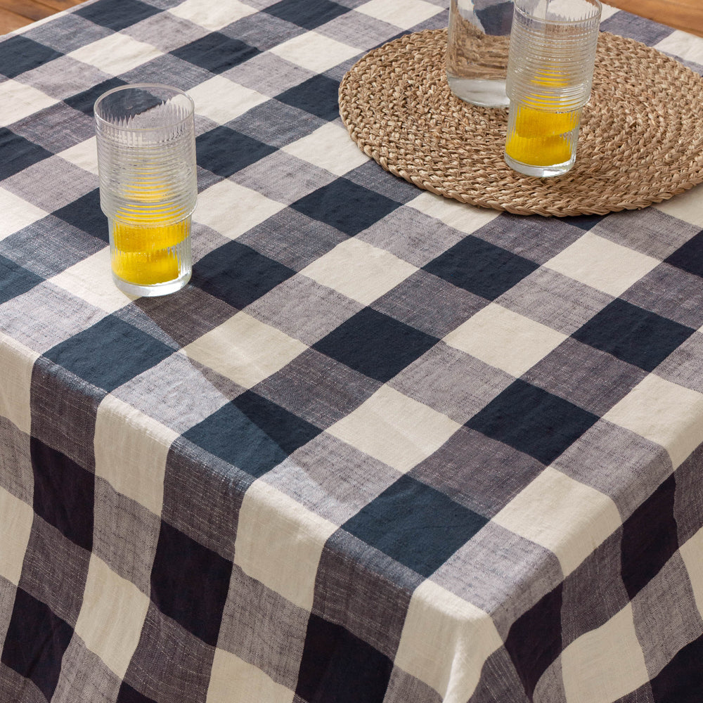 Check Cream Throws - Chesil Check Tasselled 100% Cotton  Throw Navy Yard